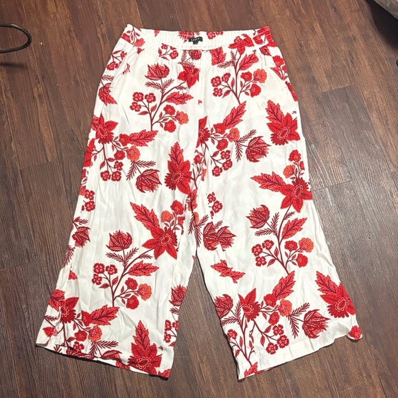 LOFT Pants - Loft Floral Red and White Wide-Leg Cropped Pants
